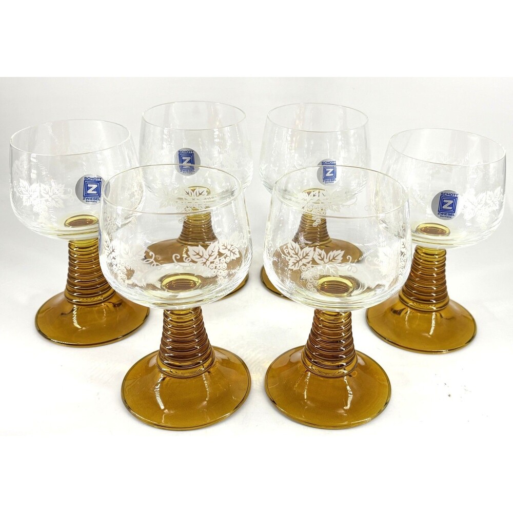 Schott Zwiesel Amber Stem Etched Wine Glasses Set of 6 Vintage German Crystal